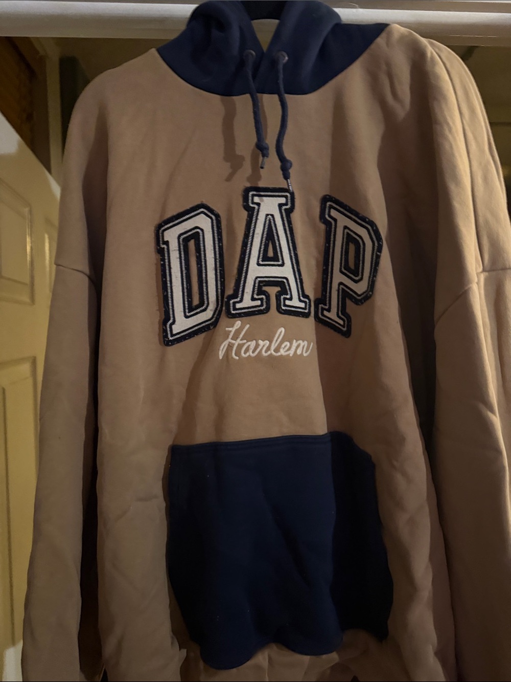 GAP Two-Tone Tan and Navy Hooded Sweatshirt with Appliqué